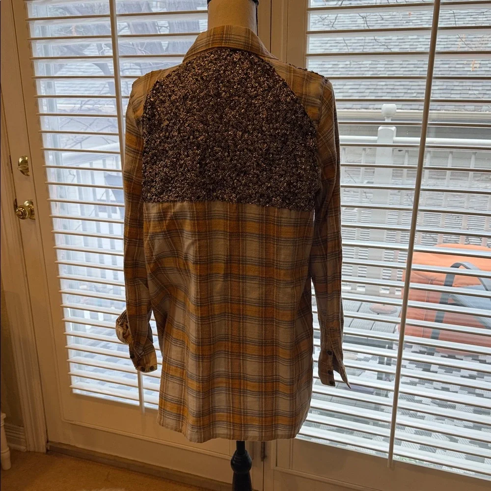 Free People Plaid Long Sleeve Shirt with Sequin Detail - Picture 1 of 6